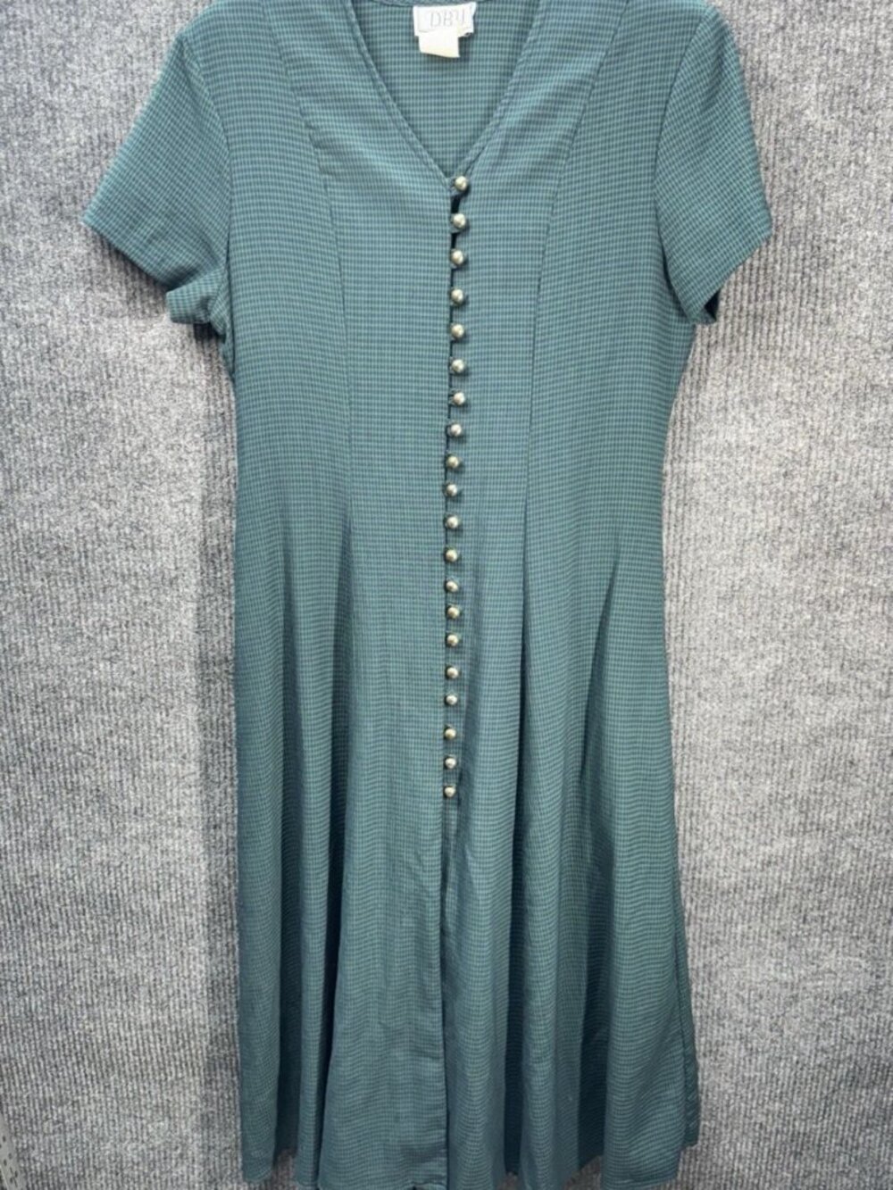 Vintage DBY Dress Womens 11 Green Blue Gingham Midi Sheath Button Front Tie Back